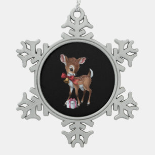 Retro Vintage Reindeer Pink Christmas Baby Deer Snowflake Pewter Christmas Ornament