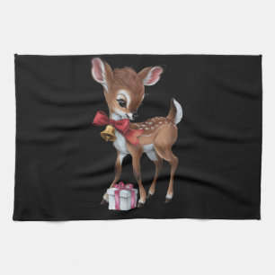 Retro Vintage Reindeer Pink Christmas Baby Deer Tea Towel