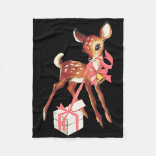 Retro Vintage Reindeer Pink Christmas By Fleece Blanket