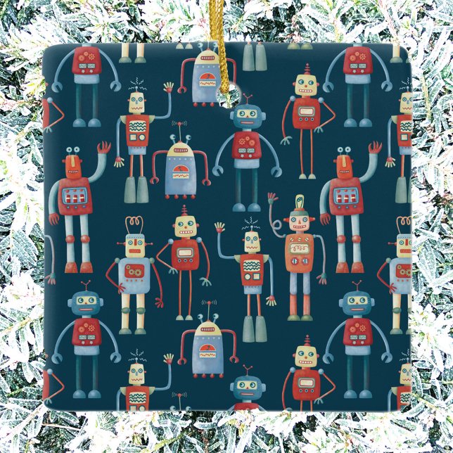 Retro Vintage Robots Ceramic Ornament (Retro robot Christmas ornament)