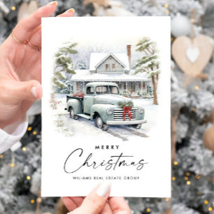 Retro Vintage Sage Farm Truck Christmas Corporate Holiday Card