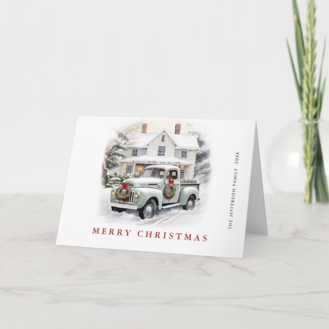 Retro Vintage Sage Farm Truck Christmas Holiday Card (Front)