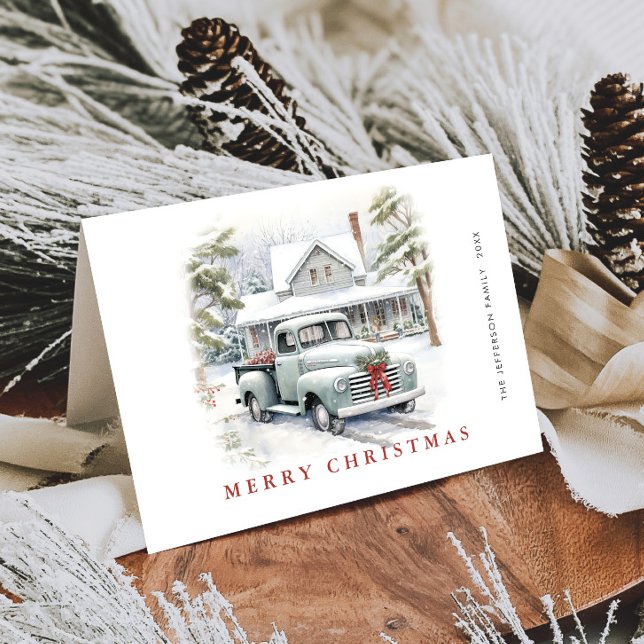 Retro Vintage Sage Farm Truck Christmas Holiday Card (Creator Uploaded)
