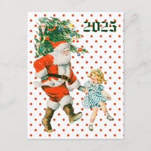 Retro Vintage Santa & Girl Christmas Holiday Postcard