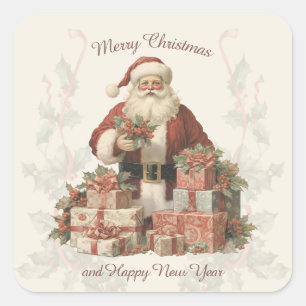 Retro Vintage Santa Holly Merry Christmas Square Sticker