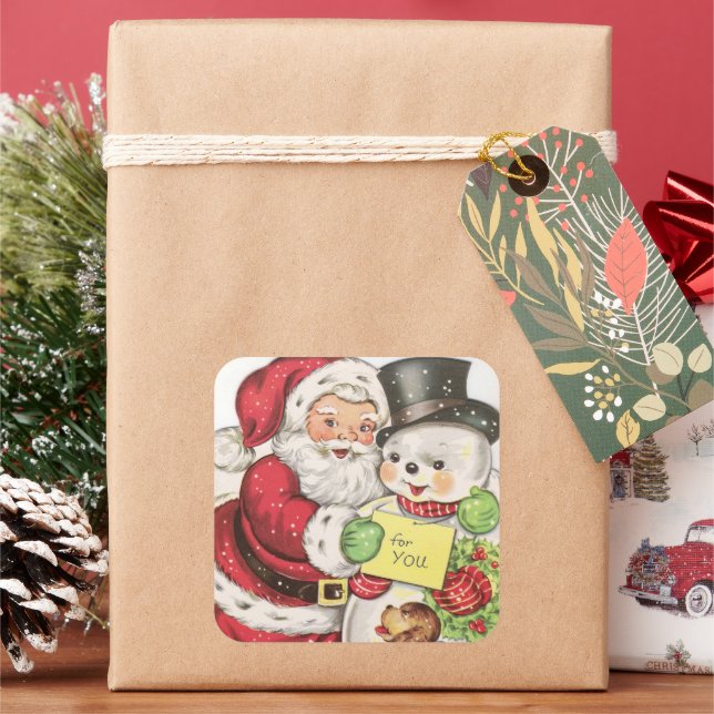 retro vintage Santa snowman Holiday Square Sticker (Holiday)