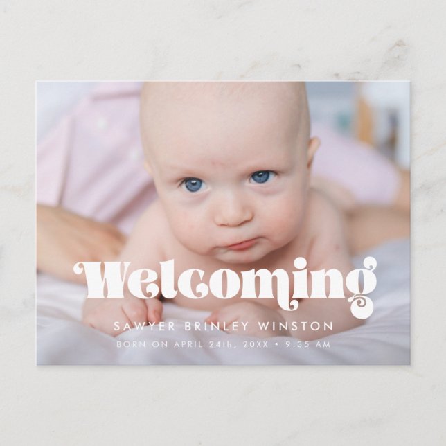Retro vintage script Birth welcoming photo Postcard (Front)