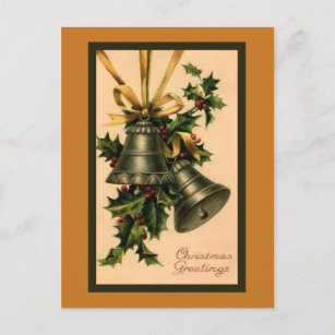 Retro Vintage Silver Christmas Bells, Gold Ribbon Postcard