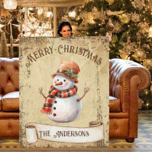 Retro Vintage Snowman Custom Merry Christmas Fleece Blanket