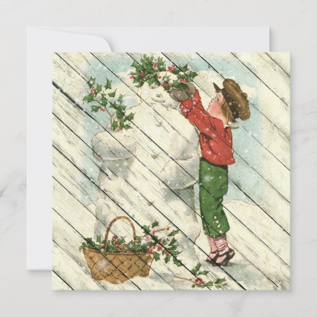 Retro | Vintage Snowman On Vintage Wood Holiday Card (Front)