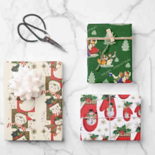 Retro Vintage Snowmen Medley Wrapping Paper Sheet