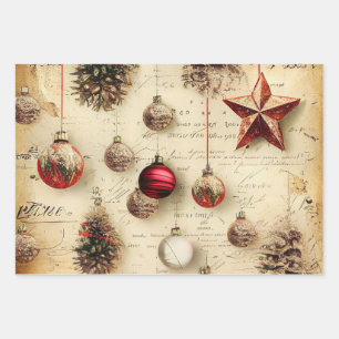 Retro Vintage Stars Ornaments Pine Cones Christmas Wrapping Paper Sheet