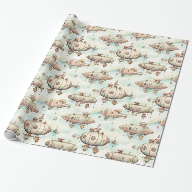 Retro Vintage Steampunk Blimp Wrapping Paper (Unrolled)