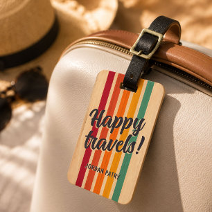 Retro Vintage Stripes Custom Name Happy Travels Luggage Tag