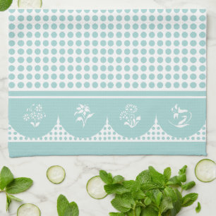Retro Vintage style aqua teal polka dot scallop  Tea Towel