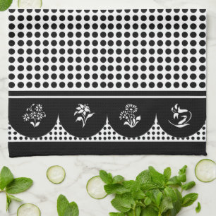 Retro Vintage style grey black polka dot scallop  Tea Towel
