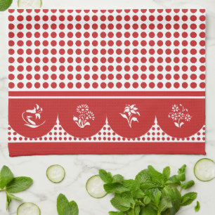 Retro Vintage style Red polka dot scallop  Tea Towel