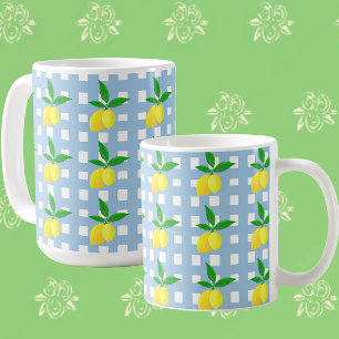 Retro Vintage Style Yellow Lemons Blue White Check Coffee Mug
