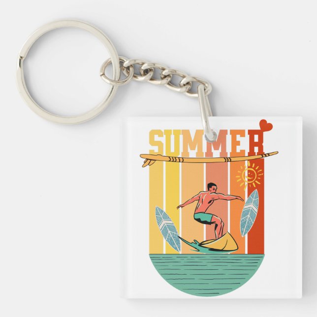 Retro Vintage Summer Surfing Key Ring (Front)