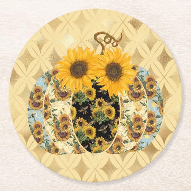 Retro Vintage Sunflower Pumpkin Paper Coasters (Front)
