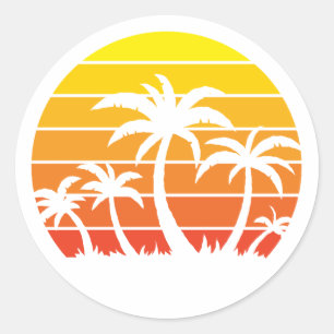 Retro Vintage Sunset And Palm Trees Classic Round Sticker