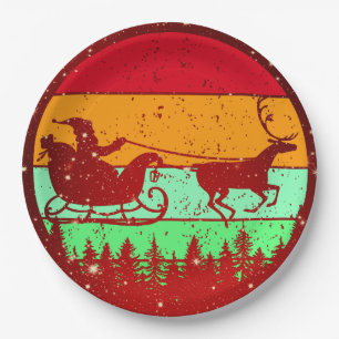 Retro Vintage Sunset Santa Sleigh 9" Paper Plate