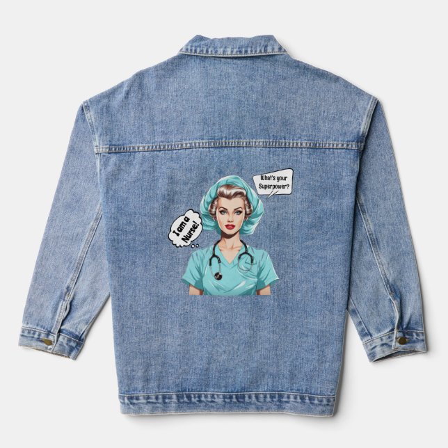Retro Vintage Super Hero Nurse Denim Jacket (Back)