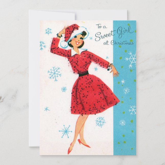 Retro Vintage Sweet Christmas Girl Holiday Card (Front)