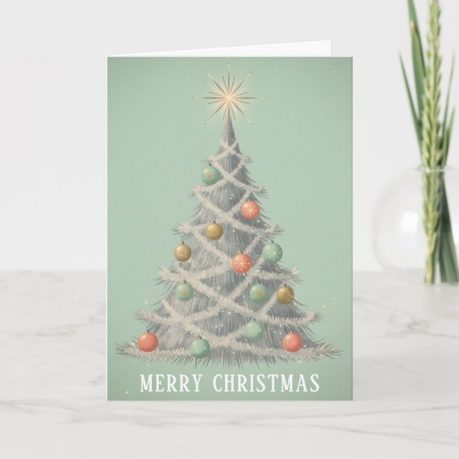 Retro Vintage Tinsel Tree Glow Christmas Holiday Card (Front)
