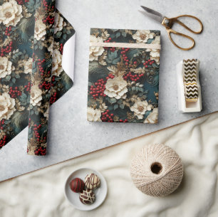 Retro vintage traditional 3D Christmas flowers Wrapping Paper