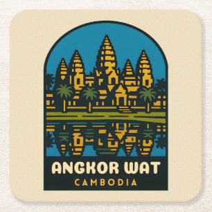 Retro Vintage Travel Angkor Wat Cambodia Square Paper Coaster