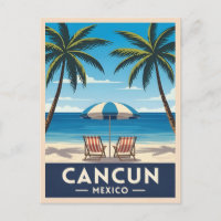 Retro Vintage Travel Cancun Mexico Beach Landscape