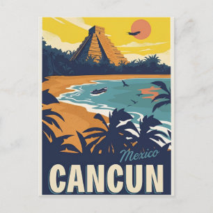 Retro Vintage Travel Cancun Mexico Beach Landscape Postcard