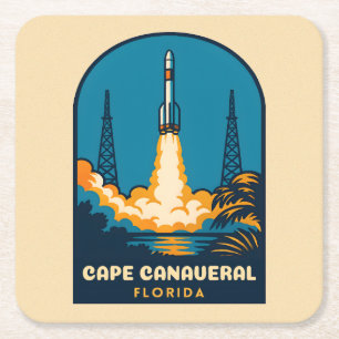 Retro Vintage Travel Cape Canaveral Florida Rocket Square Paper Coaster