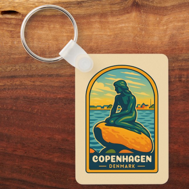 Retro Vintage Travel Copenhagen Denmark Mermaid Key Ring (Front)