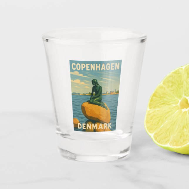 Retro Vintage Travel Copenhagen Denmark Mermaid Shot Glass (Front)