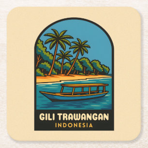 Retro Vintage Travel Gili Trawangan Indonesia Square Paper Coaster