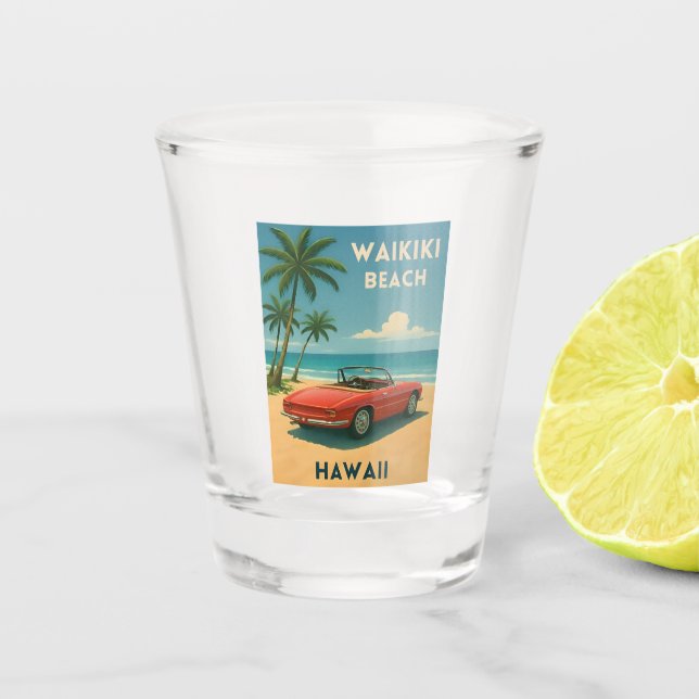 Retro Vintage Travel Hawaii Waikiki Beach   Shot Glass (Front)