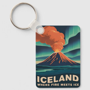 Retro Vintage Travel Iceland Volcano Landscape Key Ring