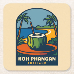 Retro Vintage Travel Koh Phangan Island Thailand Square Paper Coaster