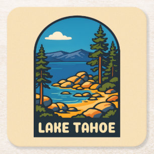 Retro Vintage Travel Lake Tahoe California Scenic Square Paper Coaster