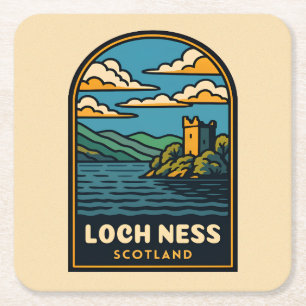 Retro Vintage Travel Loch Ness Scotland Castle Square Paper Coaster