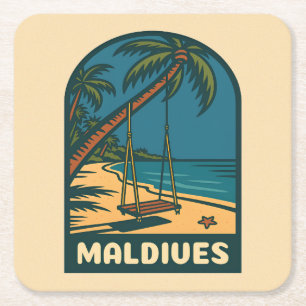 Retro Vintage Travel Maldives Island Beach Scenic Square Paper Coaster