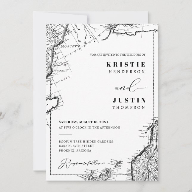 Retro Vintage Travel Map QR Code Photo Wedding Invitation (Front)