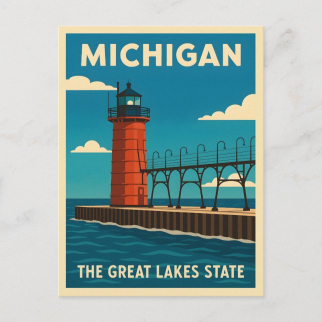 Retro Vintage Travel Michigan Lighthouse Scenic Postcard (Front)