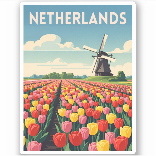 Retro Vintage Travel Netherlands Tulips Landscape (Front)