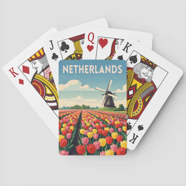 Retro Vintage Travel Netherlands Tulips Landscape Playing Cards (Back)
