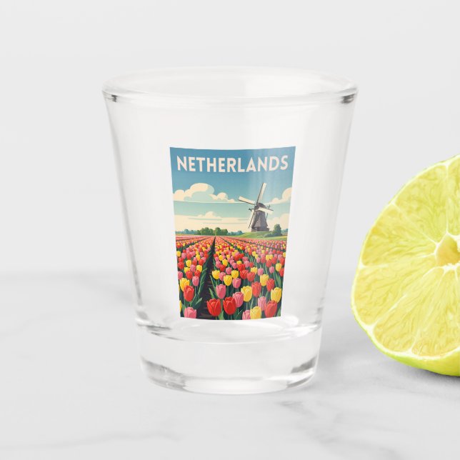 Retro Vintage Travel Netherlands Tulips Landscape Shot Glass (Front)