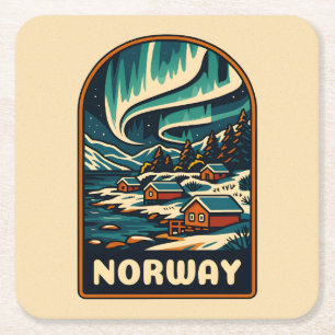 Retro Vintage Travel Norway Northern Lights Scenic Square Paper Coaster