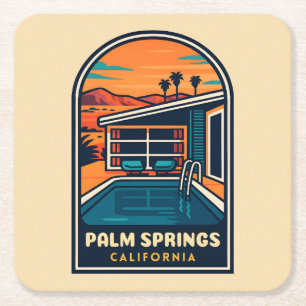 Retro Vintage Travel Palm Springs California Square Paper Coaster